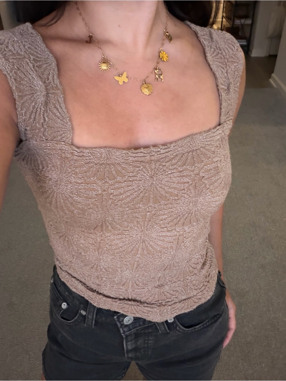 Free People Textured Square Neck Taupe Womenโs Tank Top